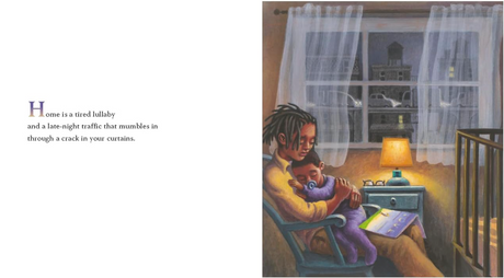 Home book illustration of a parent holding a child in a cozy room by a window with a glowing lamp at night.