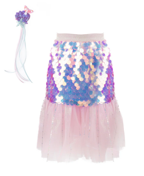 Bling Bling Mermaid Skirt & Hairclip with pink tulle, large sequins, and matching hair accessory for ages 4-6.
