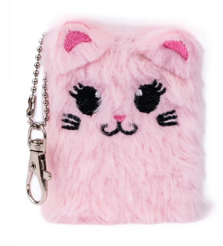 Mini Furry Friends Keychain Journal with soft pink furry kitty cover and attached metal keychain clip for easy carrying.