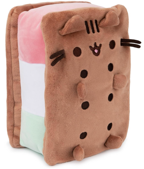 Pusheen Ice Cream Sandwich plush toy resembling a Neapolitan ice cream sandwich with embroidered details and soft layers.