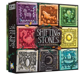 Shifting Stones board game with nine colorful mystical tiles set in a grid for strategic tile matching gameplay.