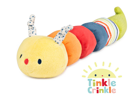 Tinkle Crinkle Caterpillar soft, colorful plush toy with textured segments for sensory play and tactile stimulation, safe for all ages.