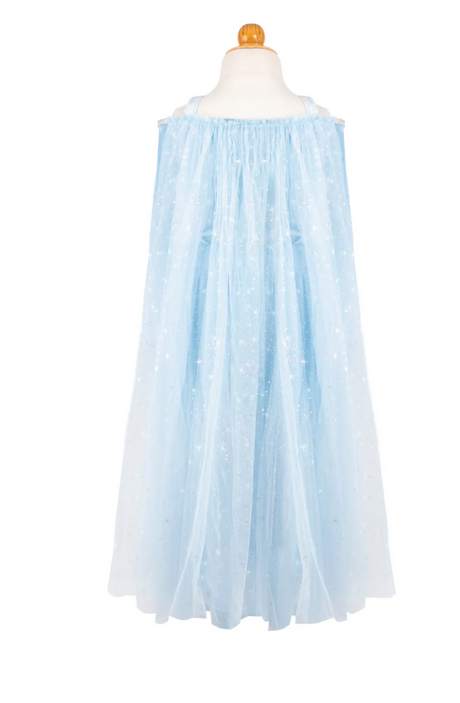 Sisters Forever Princess Dress light blue sparkling mesh cape viewed from the back on a mannequin.