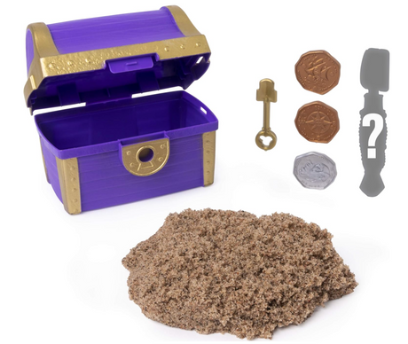 Kinetic Sand Buried Treasure kit with purple treasure chest, key, coins, hidden tool, and 6oz reusable sand mound.