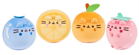 Pusheen Squisheen Fruit plush toys featuring soft, colorful strawberry, blueberry, orange, and lemon designs with embroidered details.
