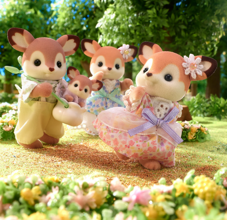 Deer Family set with cocoa and caramel deer figures in floral outfits, including father, mother, girl, and cradled baby.