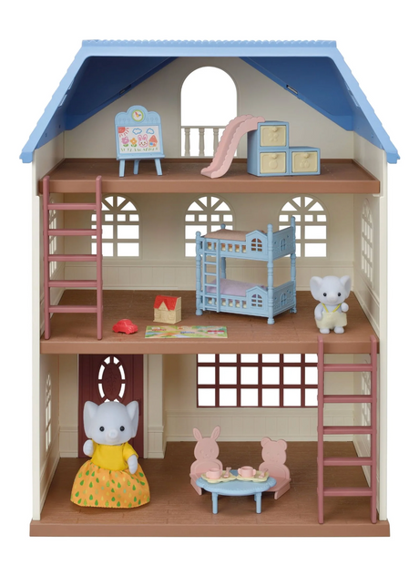 Sky Blue Terrace Gift Set featuring a three-story elephant dollhouse with furniture, ladders, and figures.