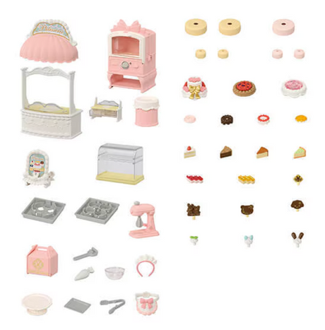 Village Cake Shop playset with oven, display case, cake decorations, and baking accessories for creative pretend play.