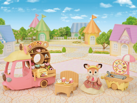 Dip Dip Donuts Wagon toy set with donut delivery truck, fryer, adorable accessories, and Deer mother figure in village playset.