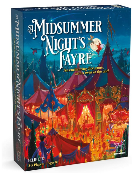 A Midsummer Night's Fayre board game box showing a colorful enchanted fair with tents and glowing lights at night.