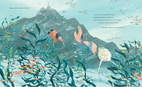 Illustration from Girl and the Mermaid showing a girl diving underwater with a mermaid among fish and seaweed.