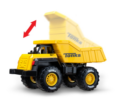 Tonka Dump Truck with movable yellow metal bed and durable rubber tires for indoor and outdoor play.
