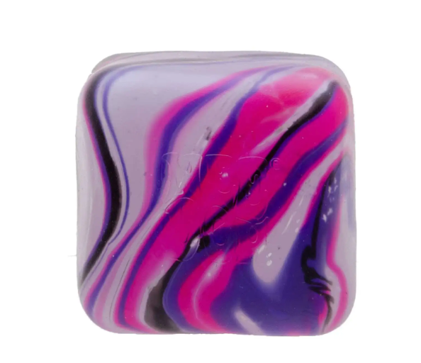 NeeDoh Nice Cube Swirl featuring a colorful pink, purple, and black swirled stress relief cube toy.