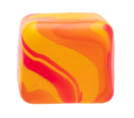 Bright orange and red swirled stress relief toy cube, NeeDoh Nice Cube Swirl, perfect for ages 3 and up.