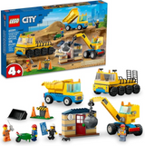LEGO City Construction Trucks and Wrecking Ball Crane playset with 3 vehicles, minifigures, and knockdown house for kids 4+