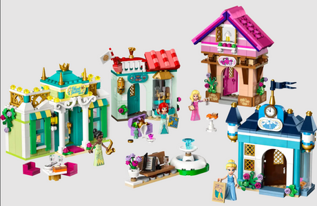 Disney Princess Market Adventure with buildable buildings, mini-doll figures, fountain, bench, and play accessories for kids 6+.