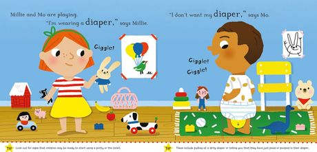 Illustration from No More Diapers showing children playing and discussing diapers in a colorful, interactive potty-training scene.