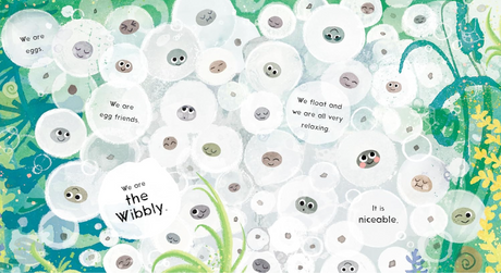 Illustration of many small eggs with faces in water bubbles from the book We Are the Wibbly! showing a relaxing scene.