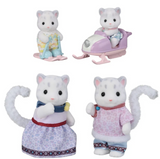 Snow Leopard Family toy set featuring four adorable snow leopard figures with winter-themed outfits and accessories.