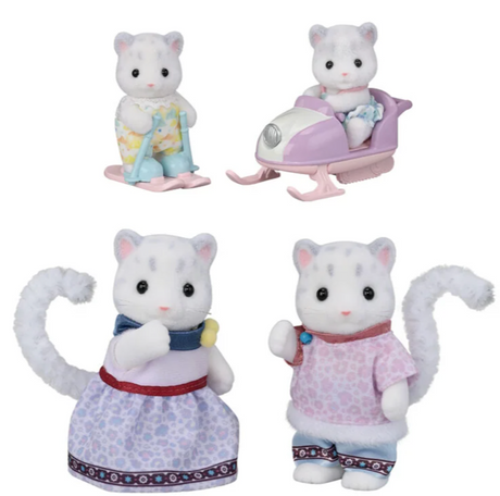 Snow Leopard Family toy set featuring four adorable snow leopard figures with winter-themed outfits and accessories.