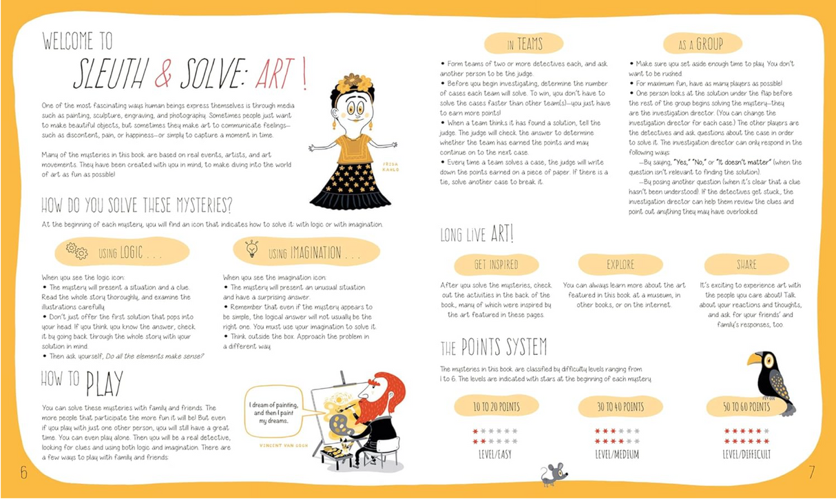Sleuth & Solve: Art book spread explaining mystery-solving rules with colorful illustrations and playful design.