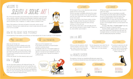 Sleuth & Solve: Art book spread explaining mystery-solving rules with colorful illustrations and playful design.