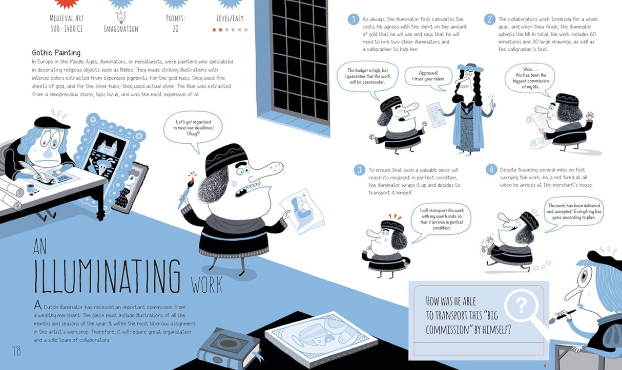 Sleuth & Solve: Art book page featuring a detective solving art-inspired mysteries with illustrated clues and characters.