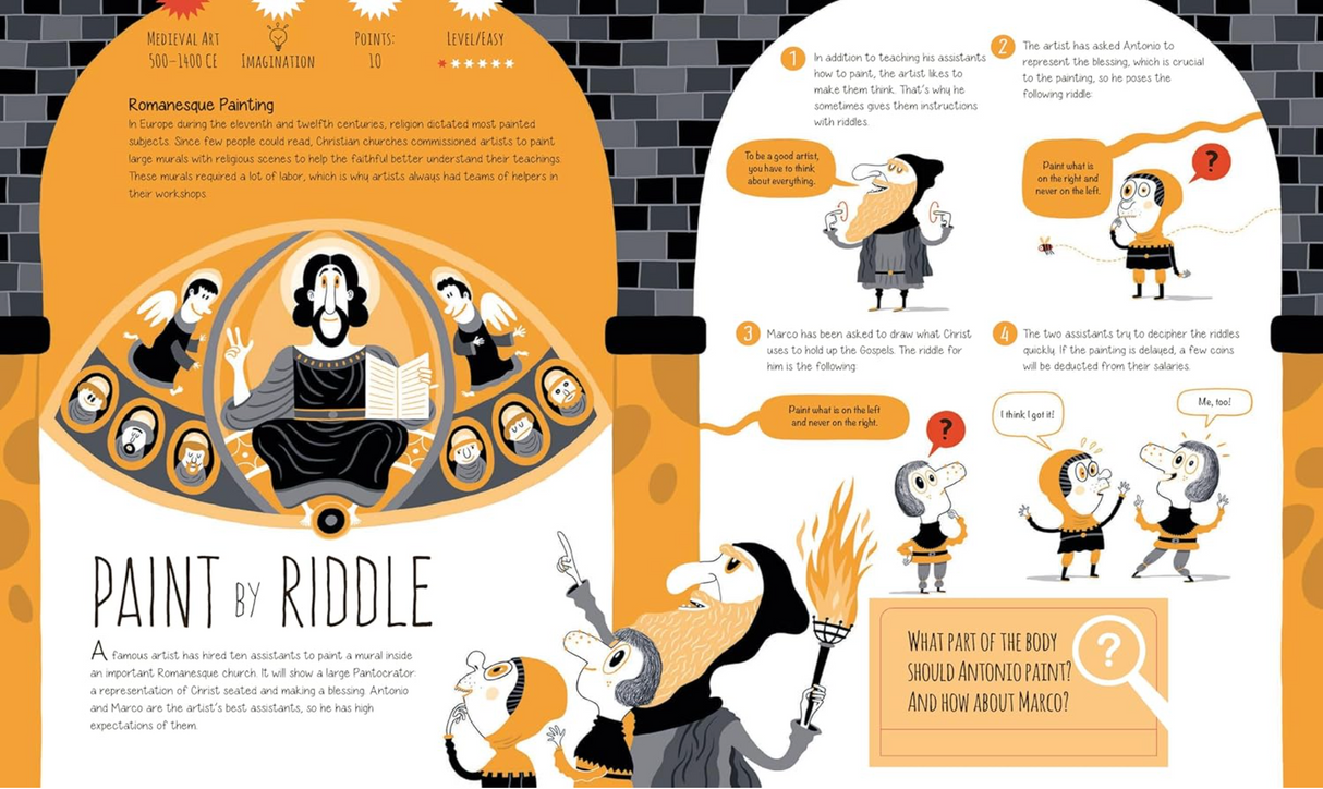 Sleuth & Solve: Art book pages showing a fun art-themed mystery with cartoon detectives and clues to solve.