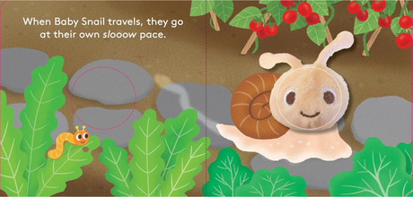 Baby Snail with Finger Puppet shows a plush snail in a garden setting with illustrated plants and a smiling caterpillar.