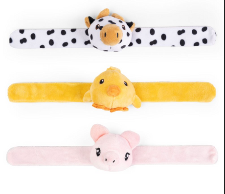 Little Band | Farm Face plush slap bracelets featuring cow, chick, and pig designs for kids aged 3 and up.