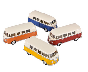 Four assorted colors of the Volkswagen Classic Bus 1962 model diecast with openable doors and pull-back action.