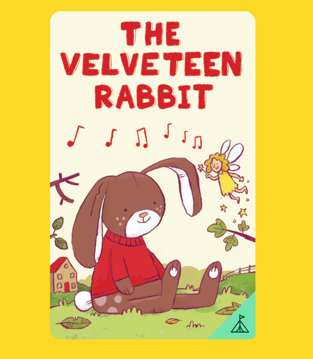 Yoto | The Velveteen Rabbit featuring a plush brown rabbit in a red sweater with a whimsical fairy nearby on a yellow background.