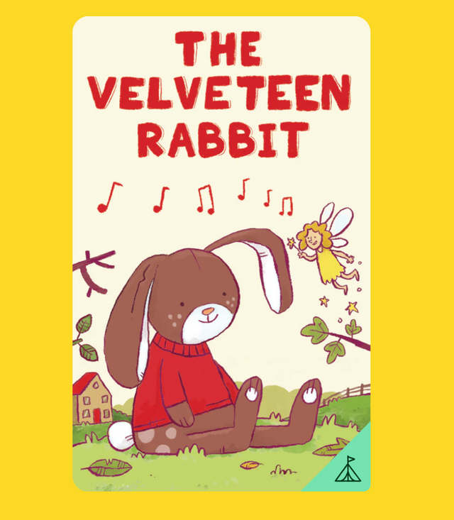 Yoto | The Velveteen Rabbit featuring a plush brown rabbit in a red sweater with a whimsical fairy nearby on a yellow background.