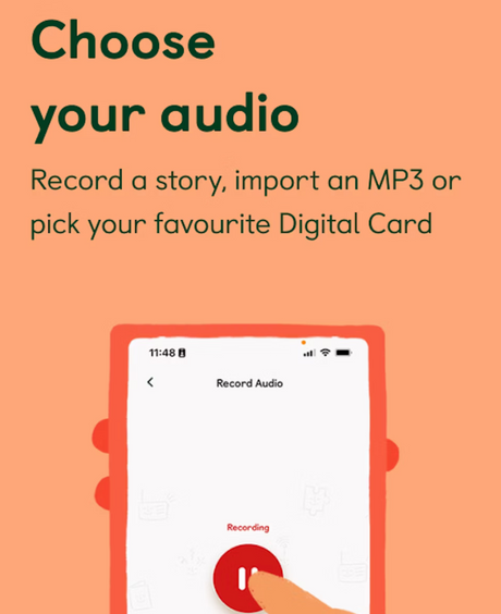 Yoto | Make Your Own Cards showing an audio recording screen to create custom stories or import MP3 files.
