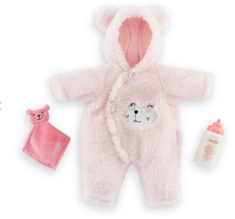 Calin Loving Teddy Bear doll outfit in cozy pink bear suit with hood, plus feeding bottle and lovey accessory.