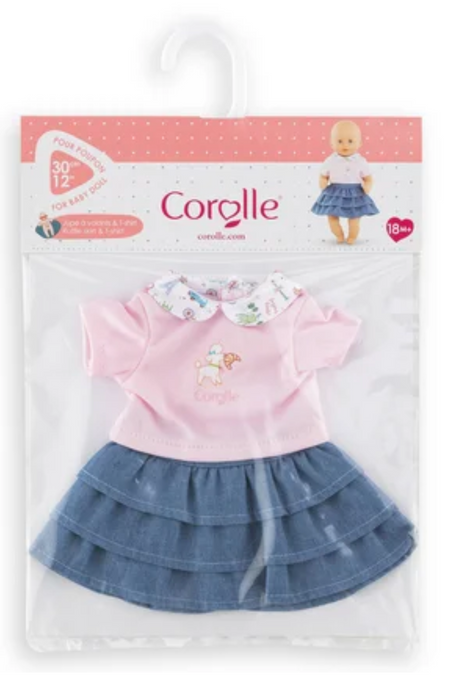 12in Weekend in Paris T-Shirt & Ruffled Skirt set for dolls, featuring a pink top and blue ruffled skirt, age 18 months plus.
