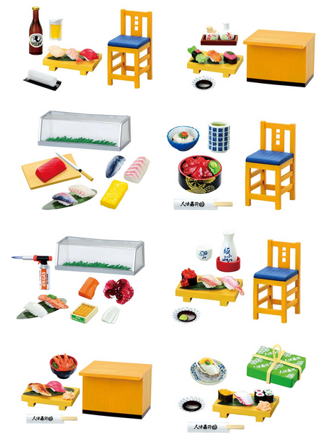 Re-Ment | Sushi Restaurant Blind Box miniature sushi sets with chair, sushi dishes, sake, and traditional restaurant items.