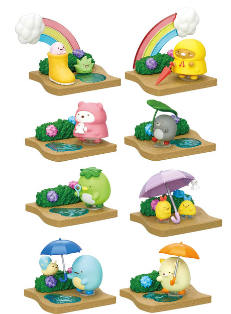 Re-Ment | Sumikkogurashi Walking on a Rainy Day Blind Box featuring eight collectible rainy day character scenes.