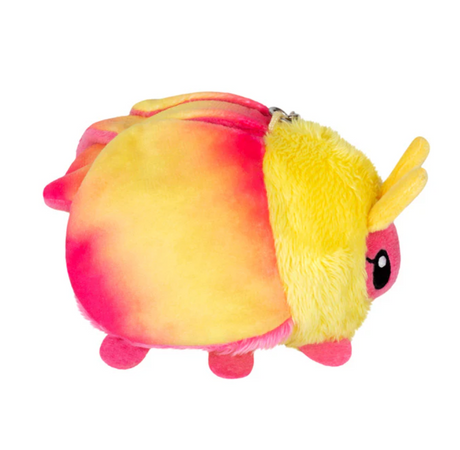 Rosy Maple Moth Micro plush toy with vibrant yellow and pink colors, soft polyester fiber, and metal clip attached.