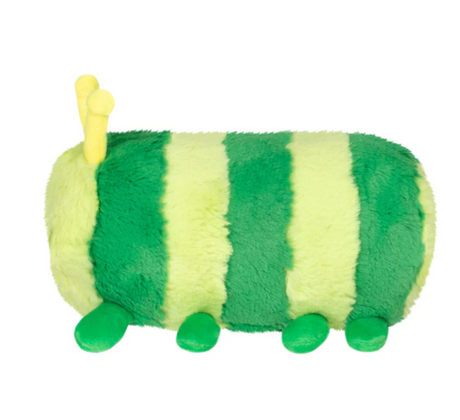Caterpillar Snackers plush toy in green and yellow stripes, soft and perfect for cozy hugging and playtime.