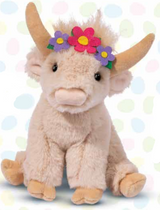 Highland Cow Laddie plush toy with soft beige fur and colorful flower crown, perfect for cuddles and decor.