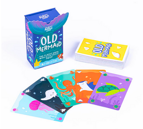 Old Mermaid card game set with colorful sea creature cards and blue packaging for ages 4+ matching pairs game.