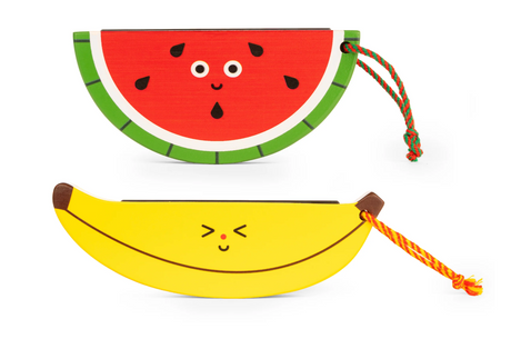 Wooden Fruit Harmonica featuring a red watermelon and yellow banana design with playful faces and attached lanyards.