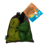 Huckleberry Reusable Water Balloons in green stored in a black mesh bag with colorful product tag attached.