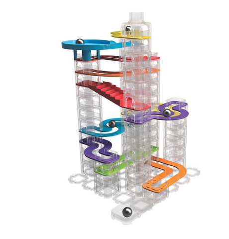 Trestle Tracks Builder Set with clear stacking cubes and colorful curved tracks guiding stainless steel marbles down.