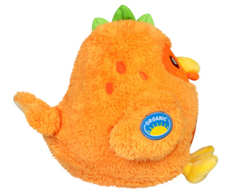 Orange Chicken Mini plush toy in bright orange with green leaves and "organic" patch, perfect for ages 0 and up.