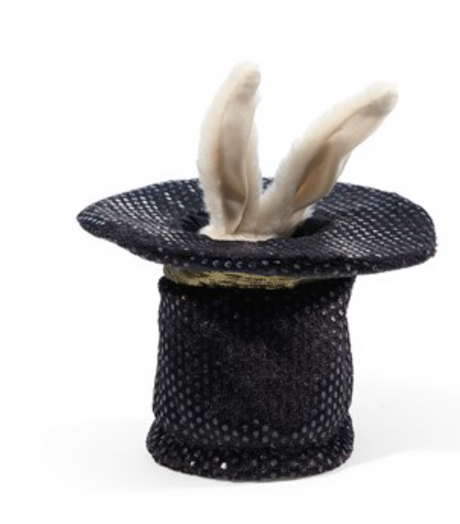 Magic Hat Finger Puppet with black sparkling magician hat and white velour rabbit ears popping out.