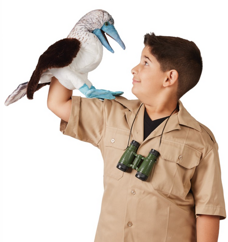 Boy holding and playing with a Blue Footed Booby Puppet with movable beak and foot pockets.