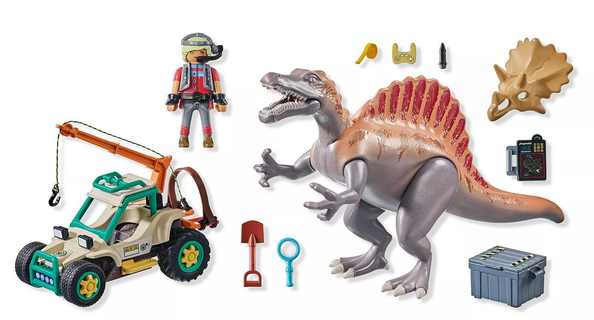 Dinos | Spinosaurus Attack playset with movable jaw, explorer figure, excavation vehicle, and tools for prehistoric adventure.
