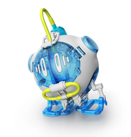 Saltwater Fuel Cell Robot with transparent blue parts and yellow tubes demonstrating a walking electrochemical cell toy.